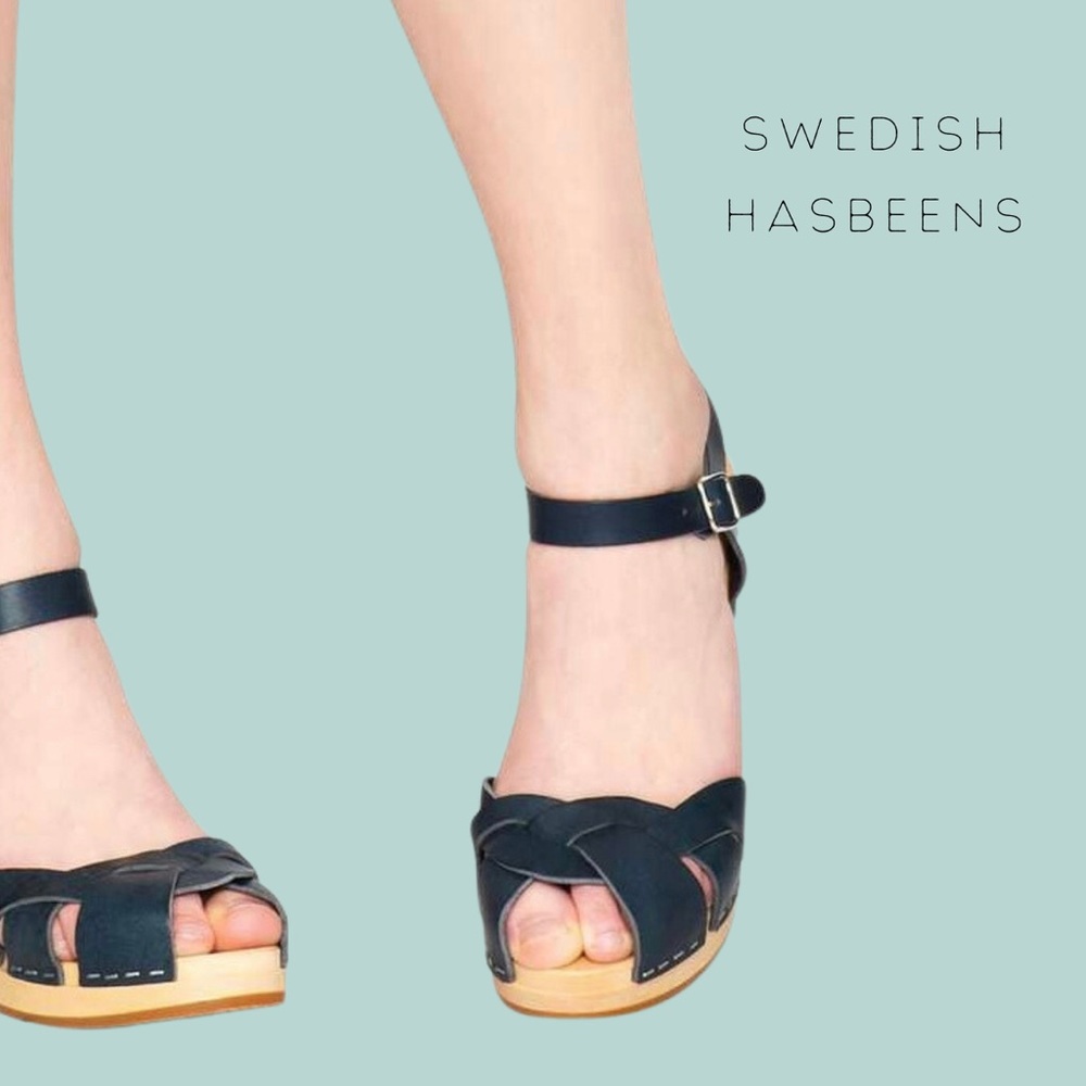 Swedish Hasbeens blue strappy sandal clogs — navy blue better than black!